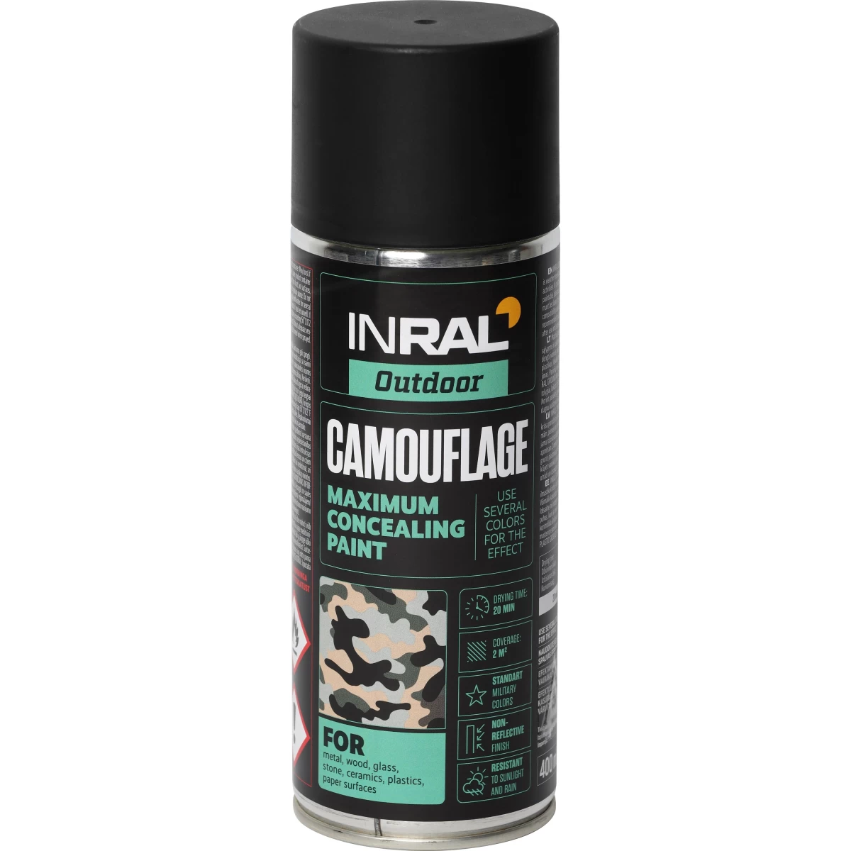 Aerozoliniai dažai INRAL Camouflage, 400ml deguto juoda sp. matiniai