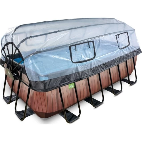 EXIT Wood pool 400x200x122cm with sand filter pump and dome and heat pump - brown