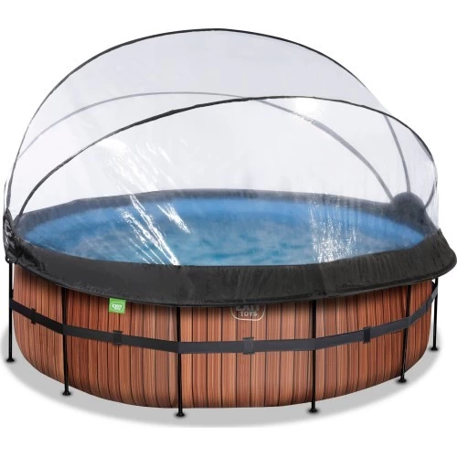 EXIT Wood pool ø427x122cm with sand filter pump and dome and heat pump - brown