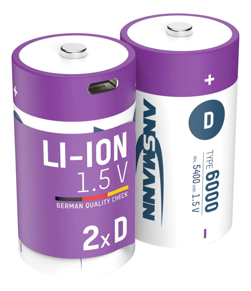 Įkraunamos baterijos D 1.5V 6000mAh (Li-Ion 12Wh) su USB-C lizdu, max iškrovimo srovė 2A, 2vnt įpakavime ANSMANN