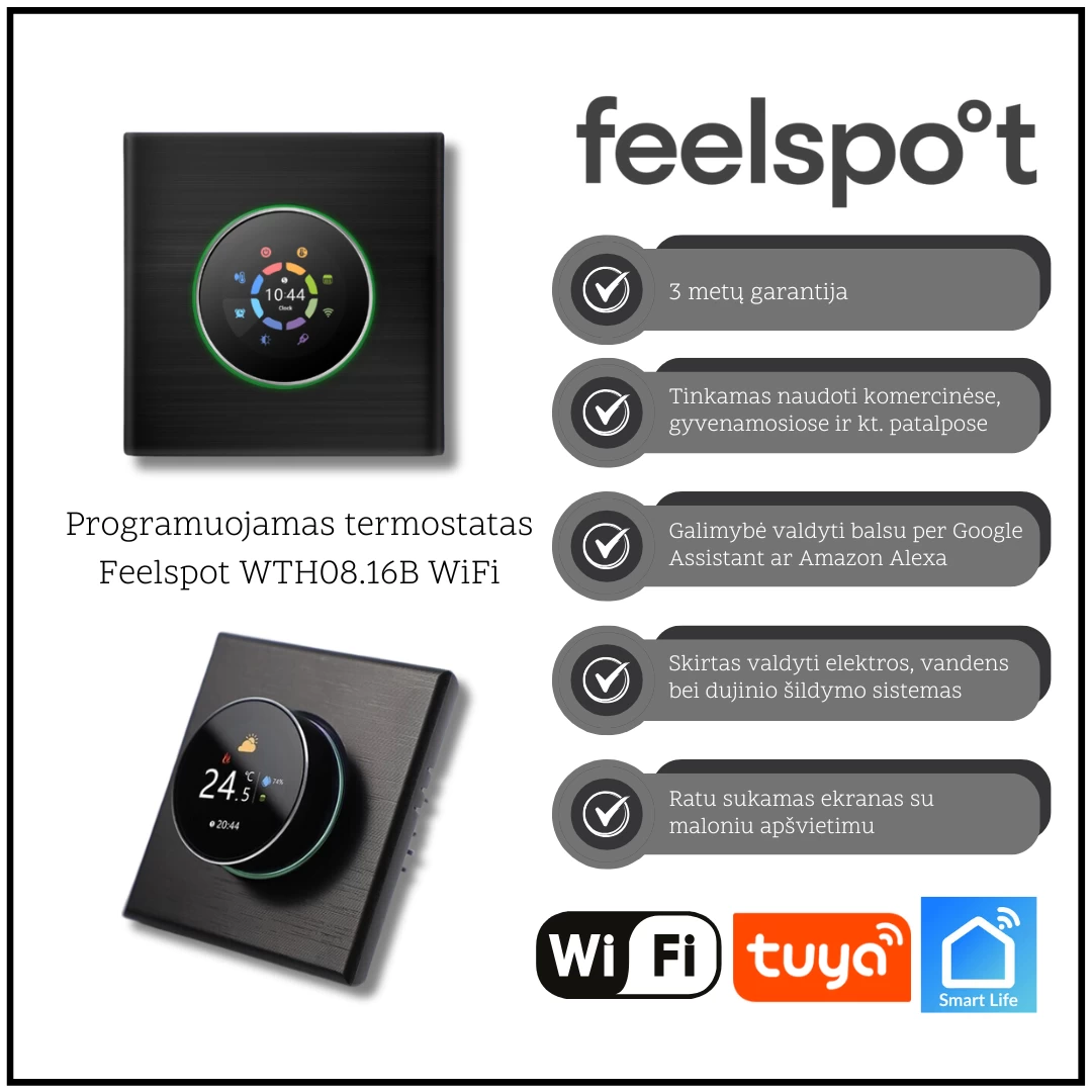 Programuojamas termostatas Feelspot WTH08.16B WiFi, juodas