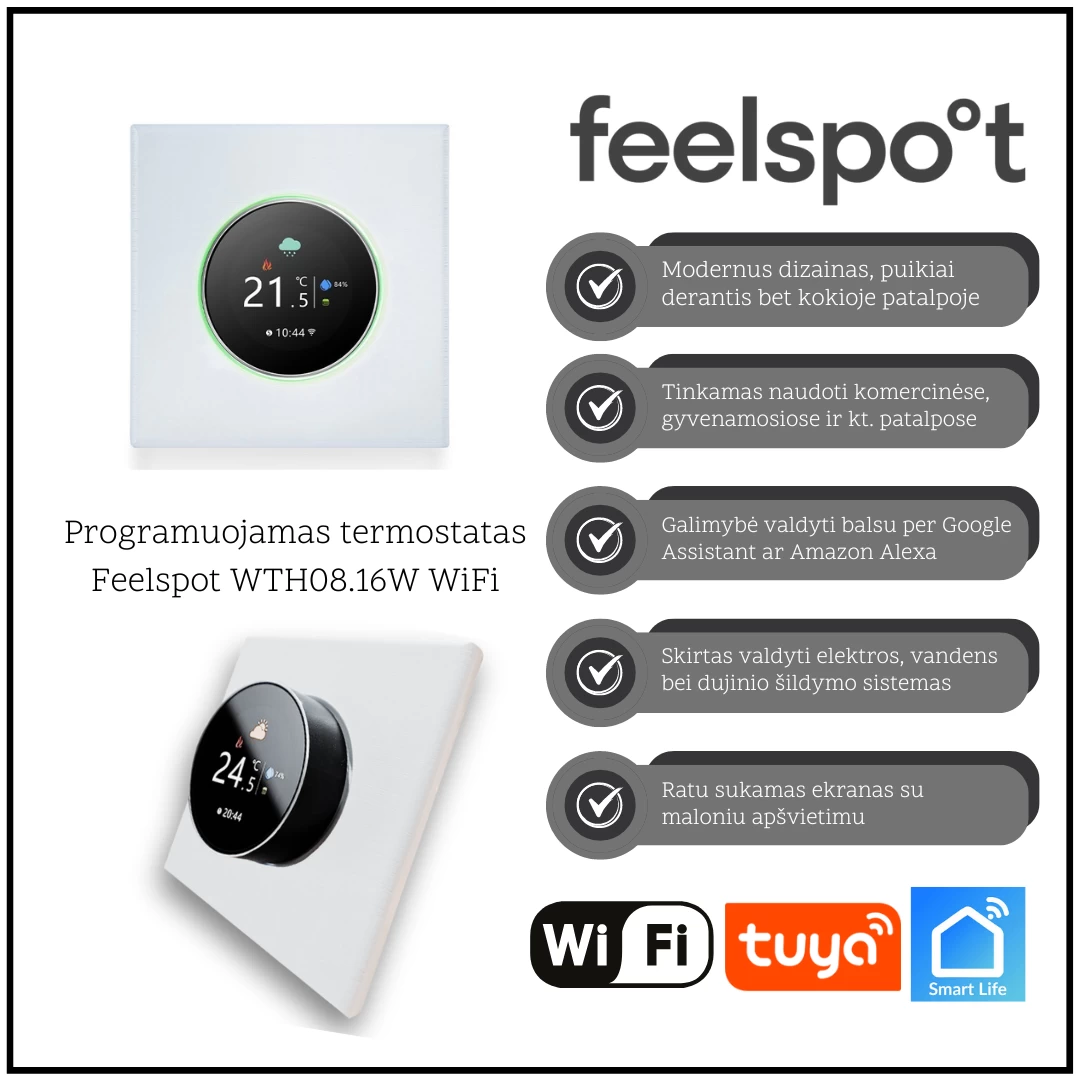 Programuojamas termostatas Feelspot WTH08.16W WiFi, baltas, Tuya, Smart Life