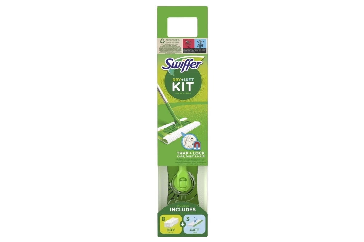 SWIFFER SWEEPER STARTER KIT XXL: ŠLUOTA, SAUSOS SERVETELĖS (8VNT) IR ŠLAPIOS SERVETELĖS (3VNT)