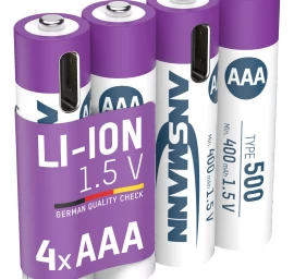 Įkraunamos baterijos AAA 1.5V 500mAh ( Li-Ion 0.74Wh)  su USB-C lizdu, max iškrovimo srovė 1A, 4vnt įpakavime ANSMANN