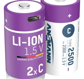 Įkraunamos baterijos C 1.5V 2500mAh (Li-Ion 4.07Wh) su USB-C lizdu, max iškrovimo srovė 2.5A, 2vnt įpakavime ANSMANN