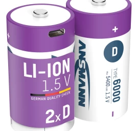 Įkraunamos baterijos D 1.5V 6000mAh (Li-Ion 12Wh) su USB-C lizdu, max iškrovimo srovė 2A, 2vnt įpakavime ANSMANN