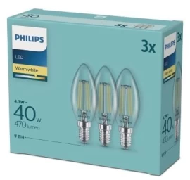 Lemputės LED 3vnt. E14 230Vac 4.3W (40W) 470lm FILAMENT šiltai balta, Philips