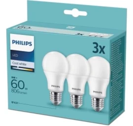 Lemputės LED 3vnt. E27 230Vac 9W (60W) A60 806lm neutraliai balta, Philips